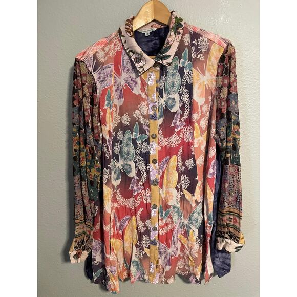 John Mark Button Up Tunic Womens 1X Multicolor Floral Patchwork Long Sleeve Boho - Picture 1 of 8